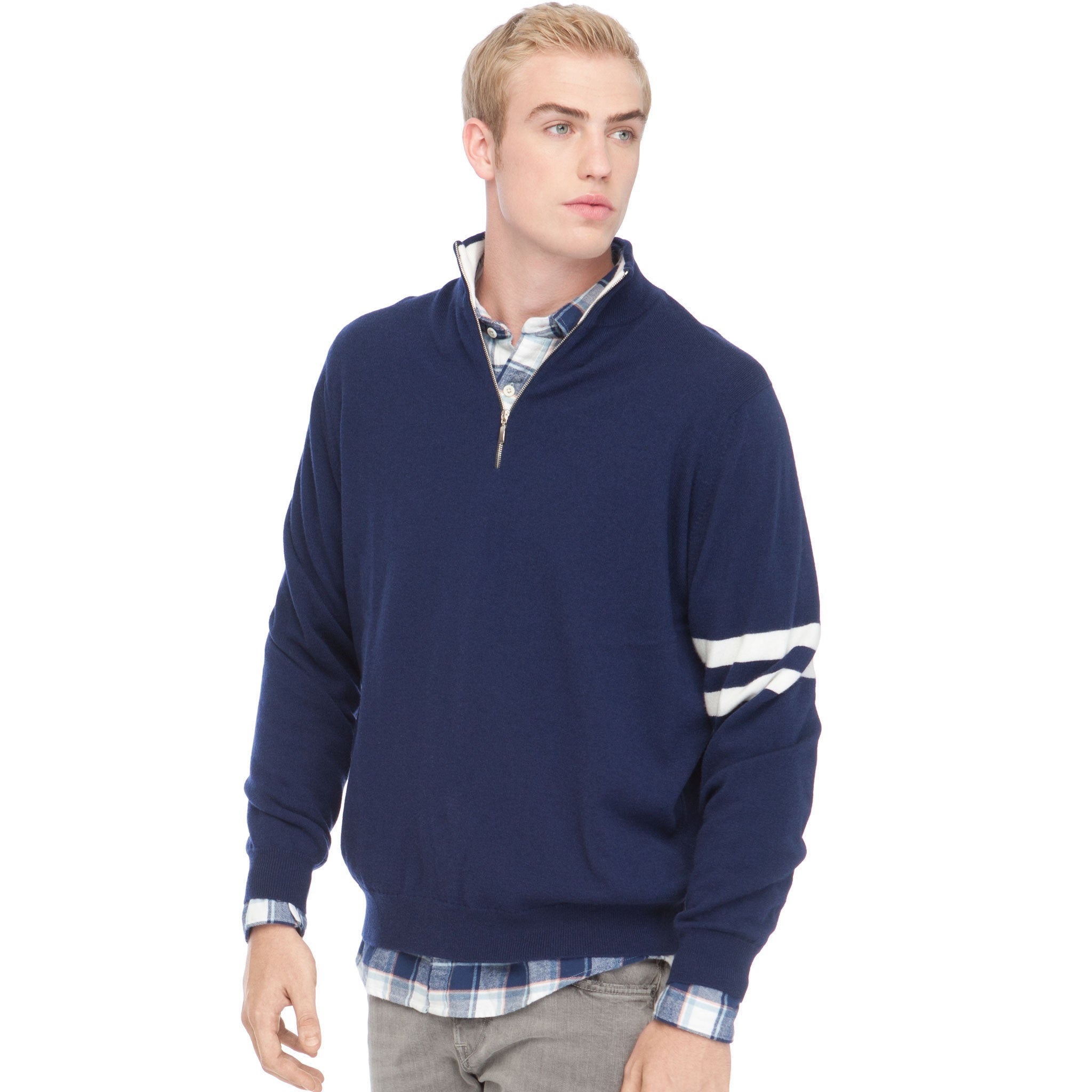 衣類01／S：salsation サルセーション　トレーナー　ネイビーブルー STRIPE SLEEVE QUARTER ZIP SWEATER – Slater Zorn